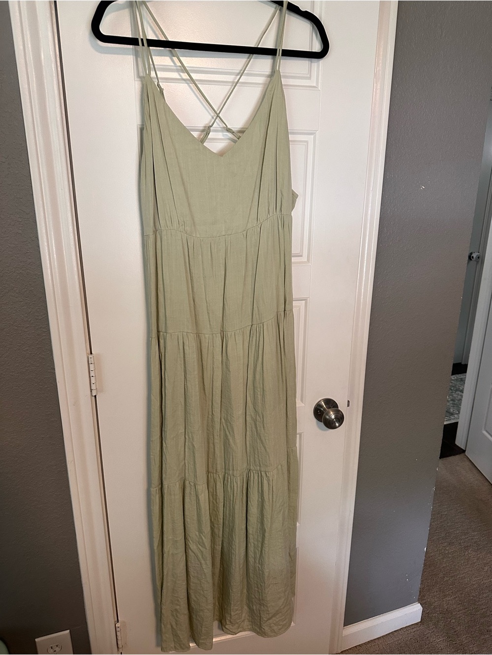 Amazon Light Sage Tiered Maxi Dress with Crisscross Straps